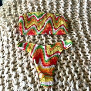 Wave Print Smocked Bandeau Bikini Swimsuit UNWORN